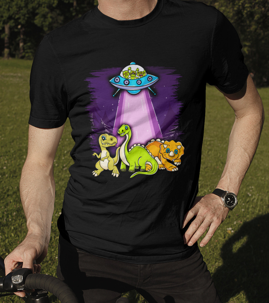 Dinosaur Alien Abduction Dinosaur Extinction Conspiracy UFO Cartoon T-Shirt