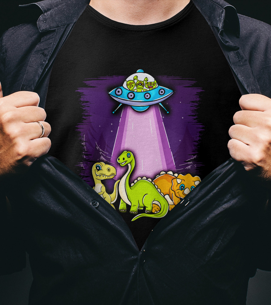 Dinosaur Alien Abduction Dinosaur Extinction Conspiracy UFO Cartoon T-Shirt