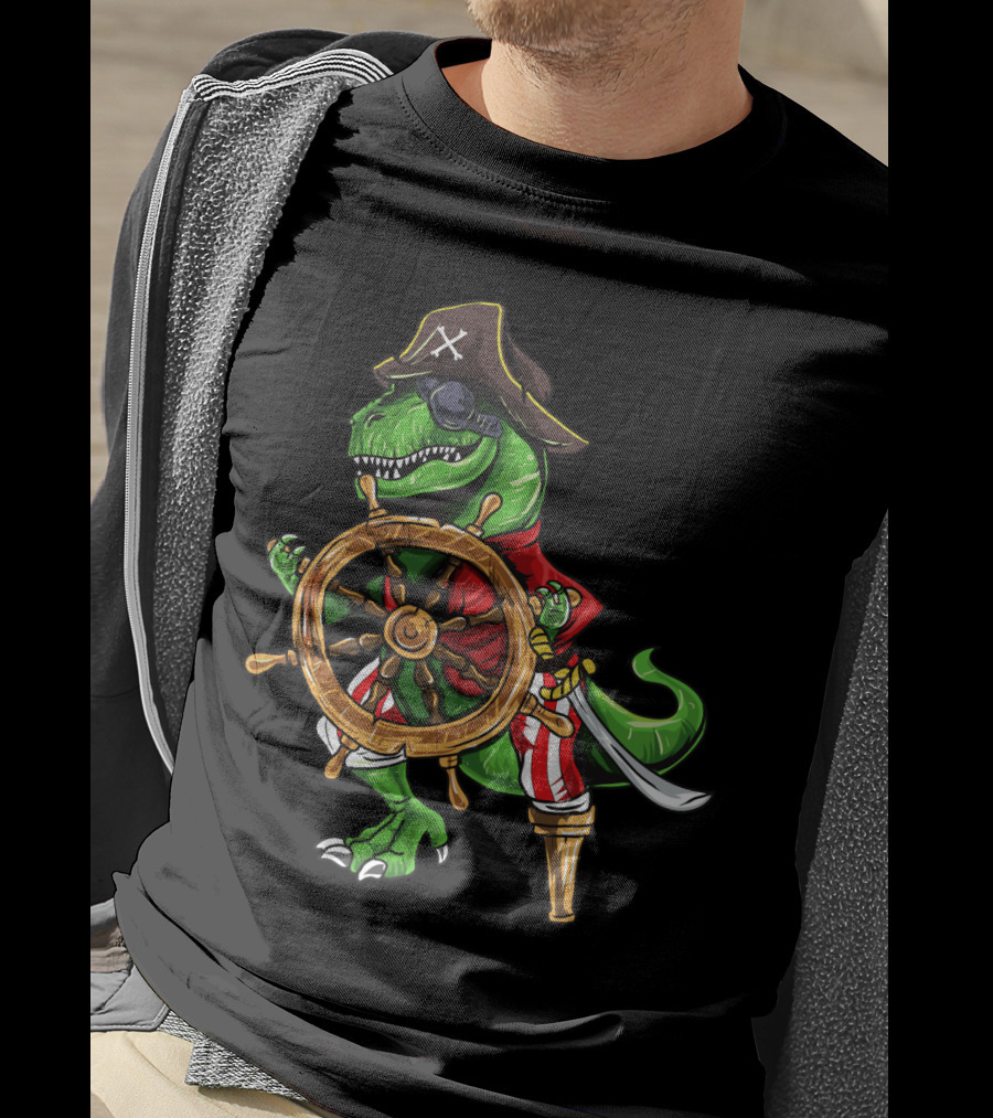 T-Rex Pirate Hat Wooden Leg Steering Ship Wheel Halloween Skull T-Shirt