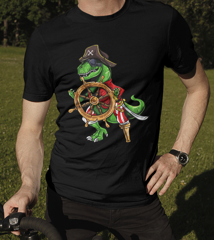 T-Rex Pirate Hat Wooden Leg Steering Ship Wheel Halloween Skull T-Shirt