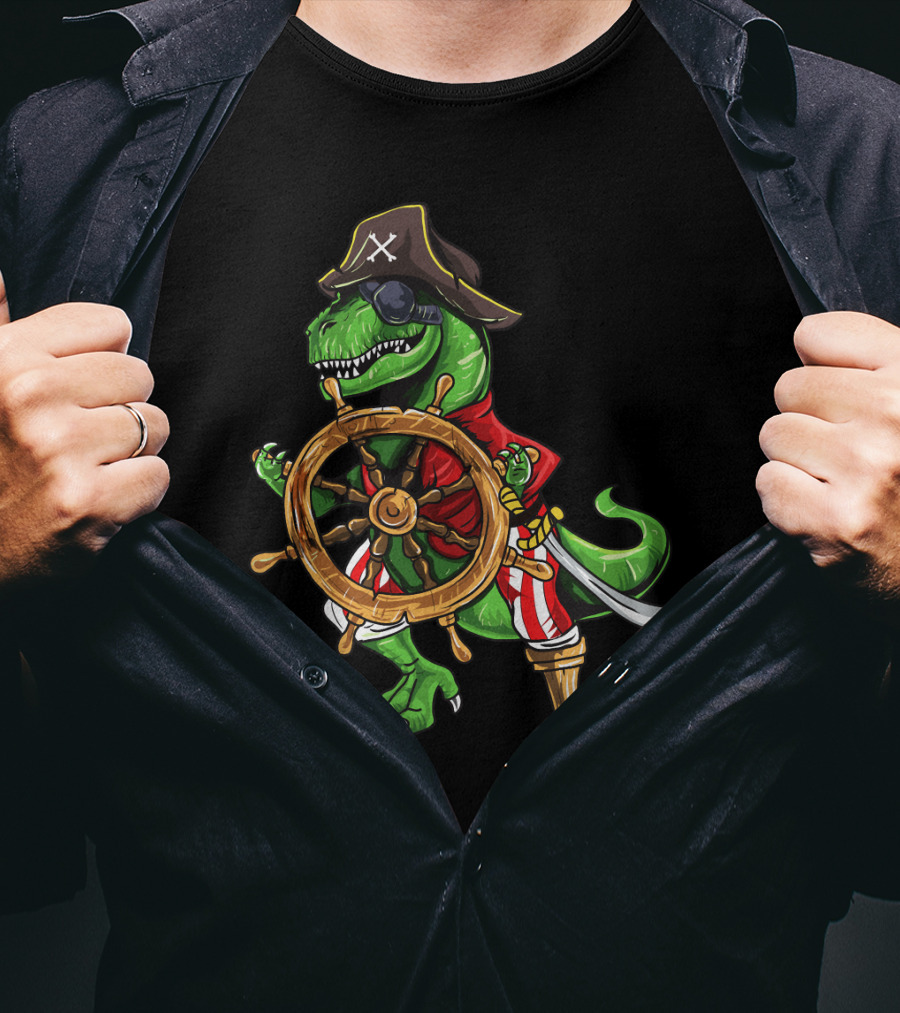 T-Rex Pirate Hat Wooden Leg Steering Ship Wheel Halloween Skull T-Shirt