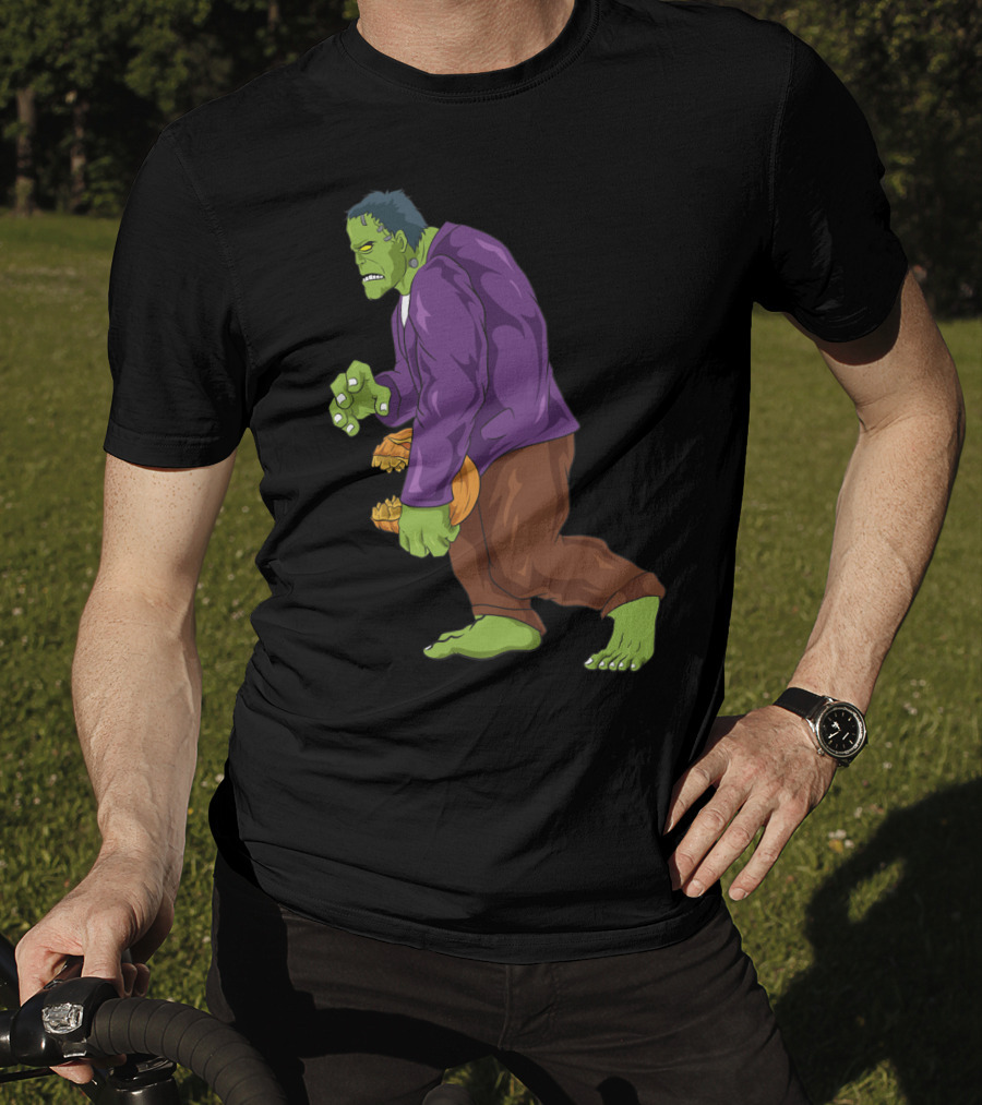 Frankenstein Bigfoot Carrying Pumpkin Funny Halloween Monster Zombie T-Shirt