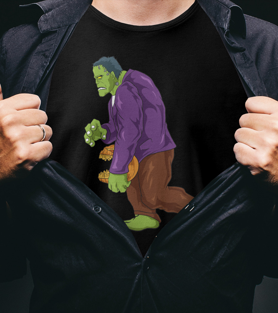 Frankenstein Bigfoot Carrying Pumpkin Funny Halloween Monster Zombie T-Shirt