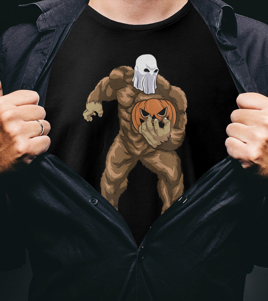 Ghost Bigfoot Sasquatch With Jack O' Lantern Head T-Shirt