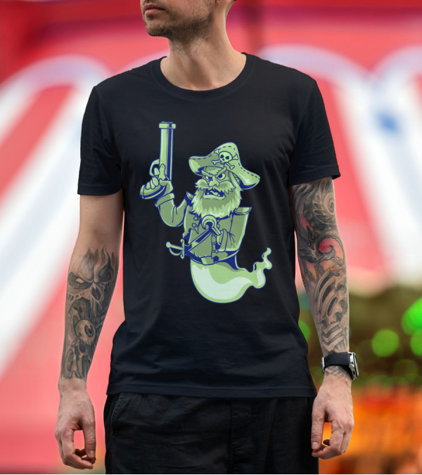 Premium T-Shirt: Ghost Pirate Jolly Roger Skull with Sword and Gun Spooky Specter T-Shirt Ghost Pirate Jolly Roger Skull with Sword and Gun Spooky Specter T-Shirt