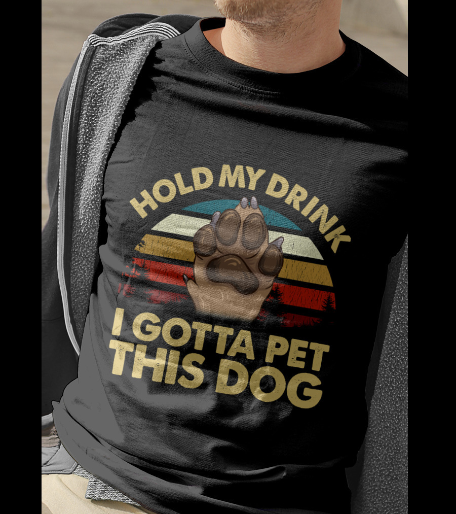 Hold My Drink I Gotta Pet This Dog Vintage Sunset Dog Paw T-Shirt