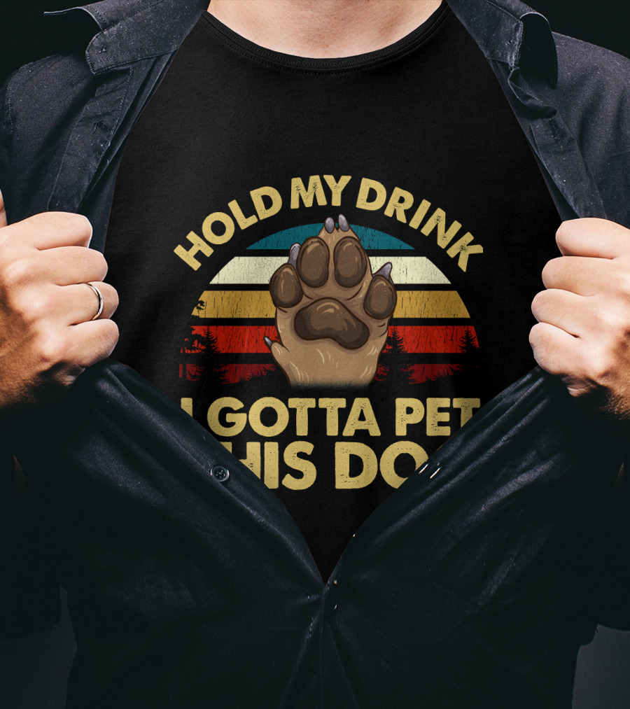 Hold My Drink I Gotta Pet This Dog Vintage Sunset Dog Paw T-Shirt