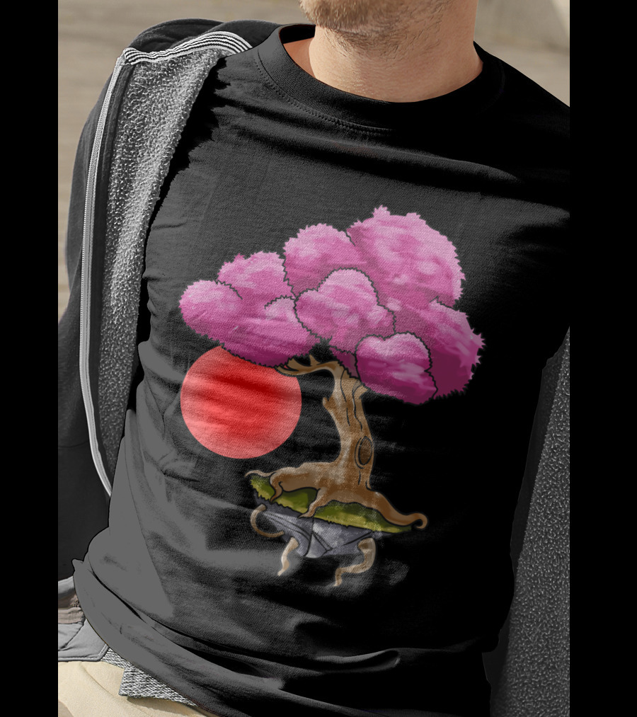 Floating Japanese Cherry Blossom Sakura Tree With Red Sun Sphere T-Shirt