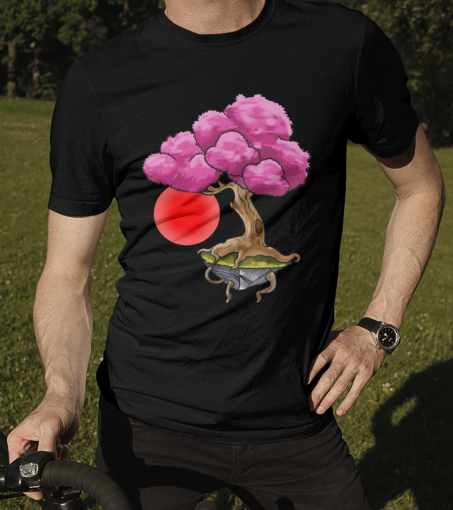 Floating Japanese Cherry Blossom Sakura Tree With Red Sun Sphere T-Shirt