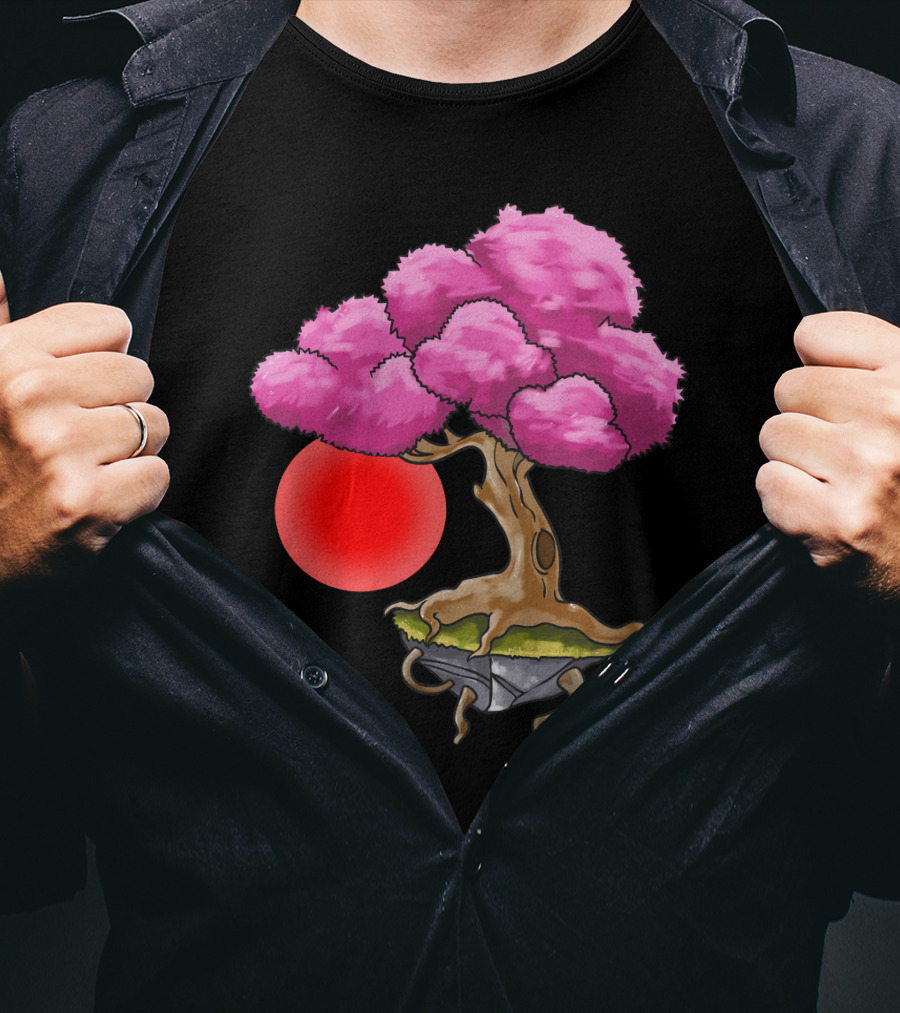 Floating Japanese Cherry Blossom Sakura Tree With Red Sun Sphere T-Shirt