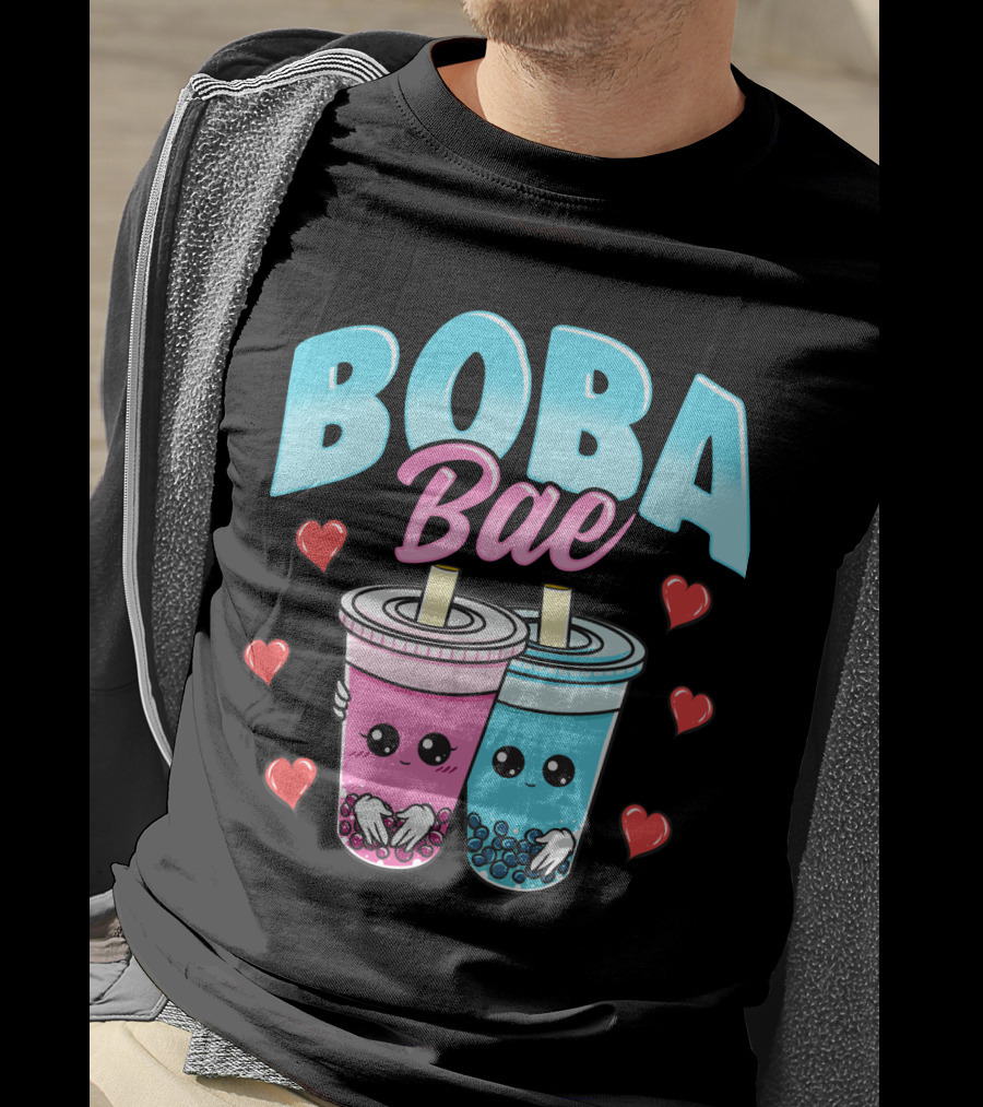 Kawaii Boba Bae Cute Bubble Tea Characters With Hearts T-Shirt
