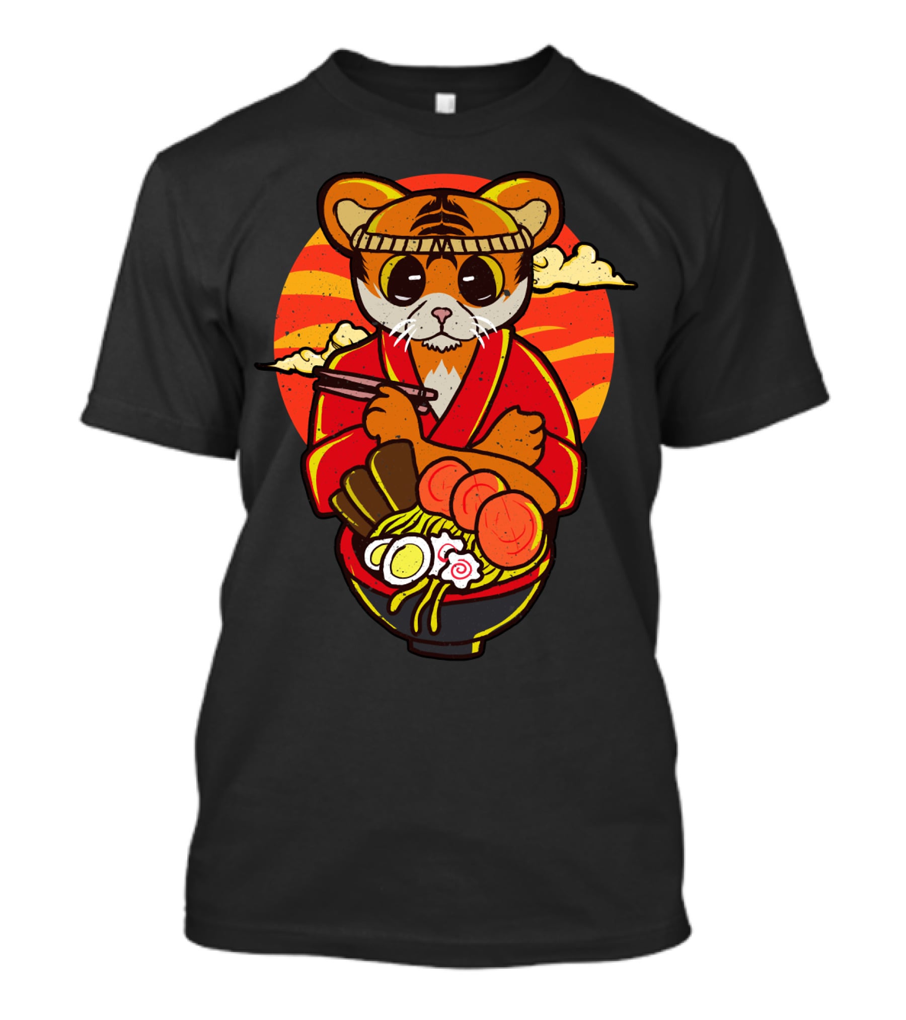 Kawaii Ramen Tiger In Kimono With Japanese Noodles And Sunset Background T-Shirt