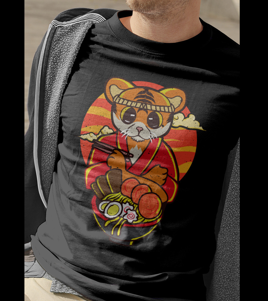 Kawaii Ramen Tiger In Kimono With Japanese Noodles And Sunset Background T-Shirt