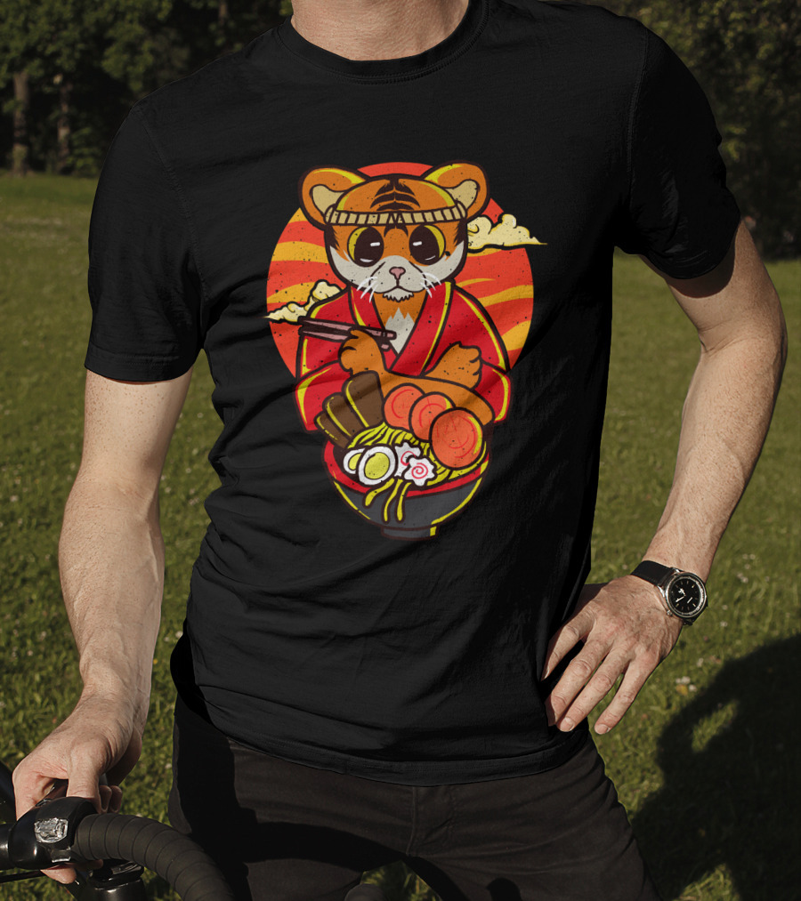 Kawaii Ramen Tiger In Kimono With Japanese Noodles And Sunset Background T-Shirt