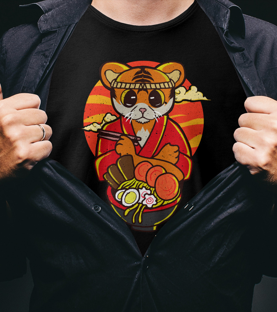 Kawaii Ramen Tiger In Kimono With Japanese Noodles And Sunset Background T-Shirt