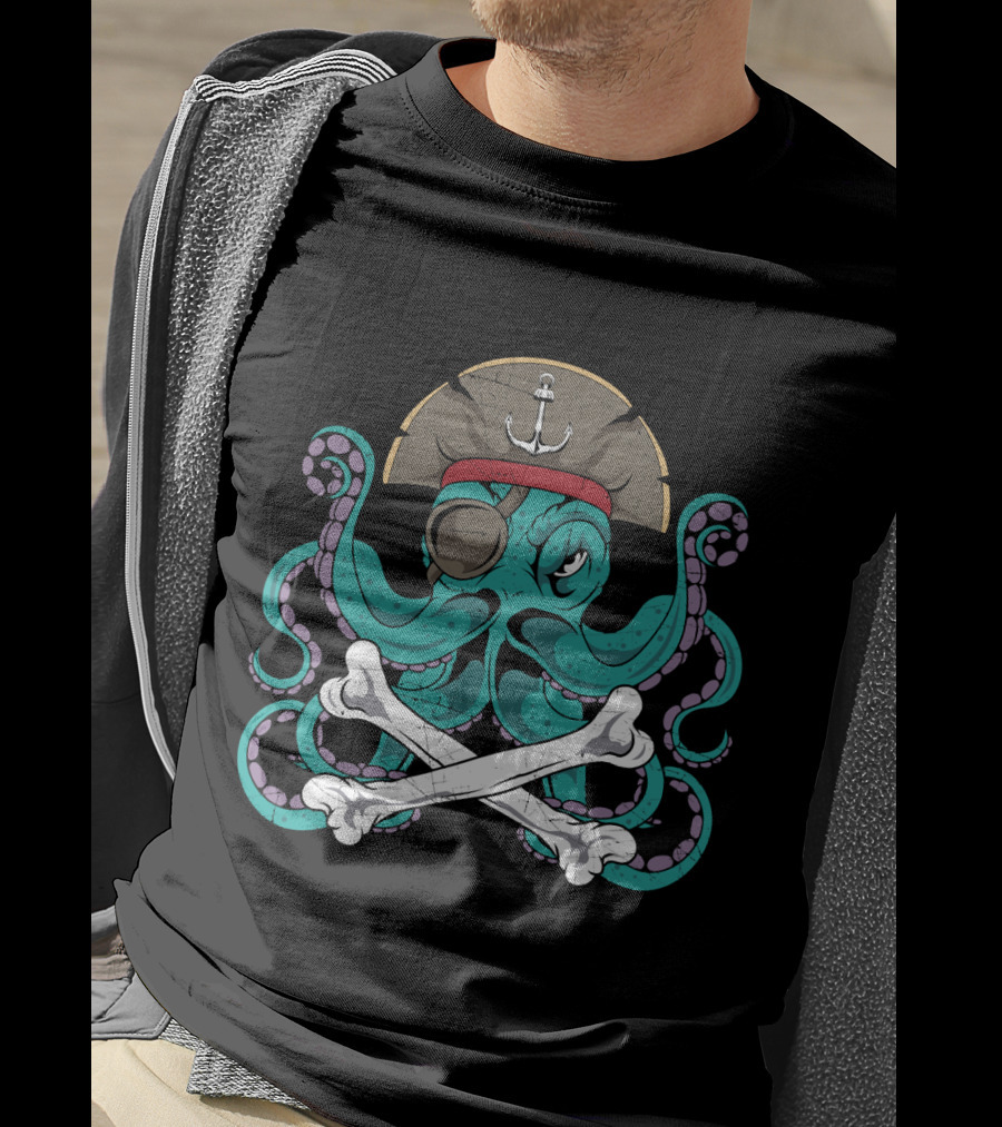 Octopus Pirate Jolly Roger Crossbones Anchor Hat Tentacles T-Shirt