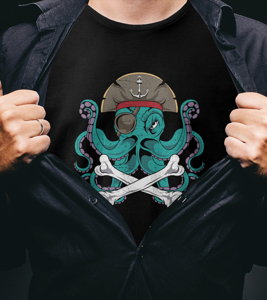 Octopus Pirate Jolly Roger Crossbones Anchor Hat Tentacles T-Shirt