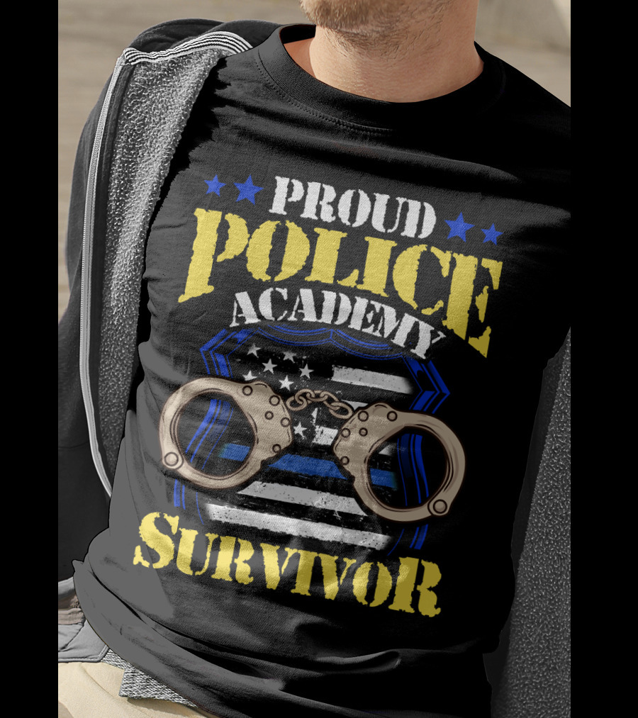 Proud Police Academy Survivor Stars Badge Handcuffs American Flag T-Shirt