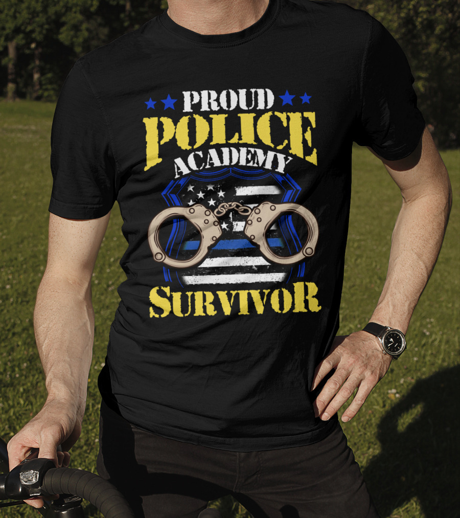 Proud Police Academy Survivor Stars Badge Handcuffs American Flag T-Shirt