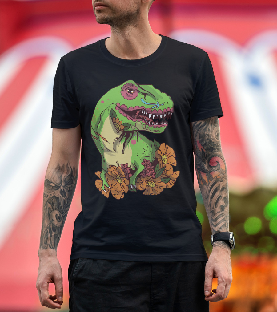 Sugar Skull Dinosaur Dia de Los Muertos with Vibrant Floral Accents T-Shirt