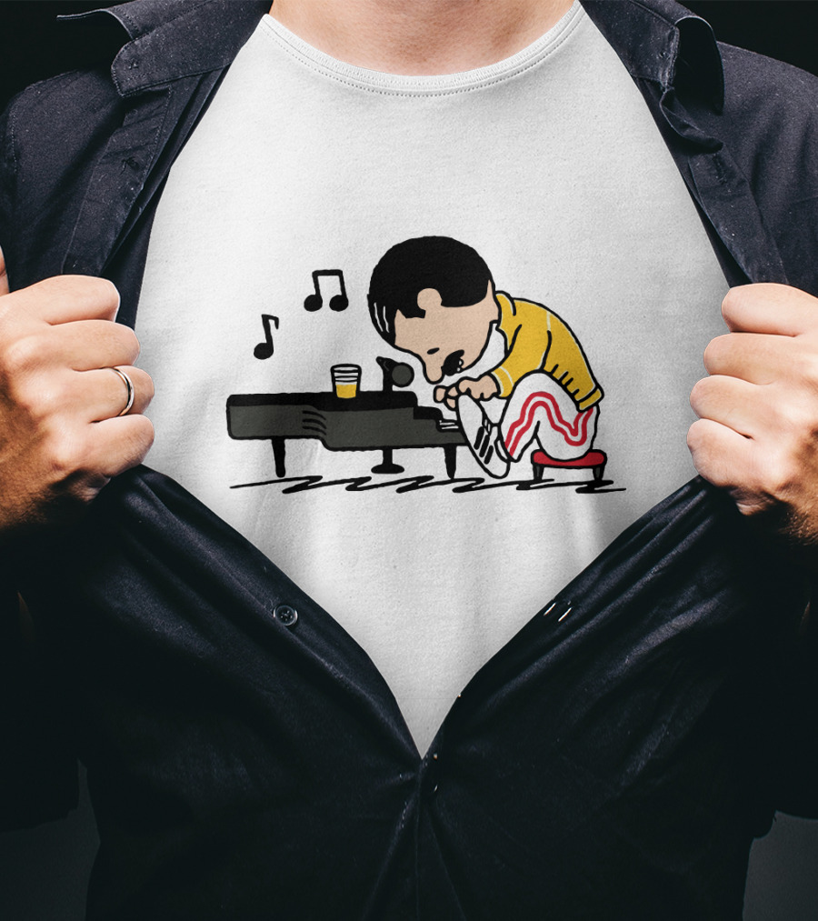 Freddie Mercury Peanuts Style Piano Playing Music Notes T-Shirt