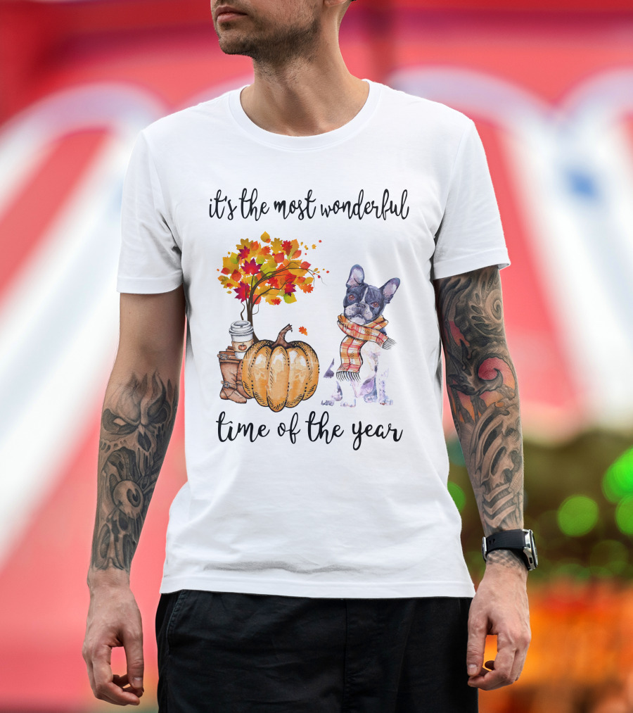 Its The Most Wonderful Time Of The Year Boston Terrier Autumn Pumpkin Leaves Coffee T-Shirt
