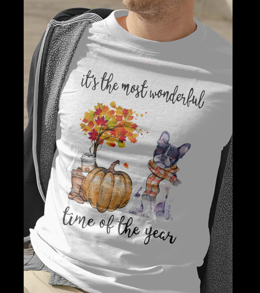 Its The Most Wonderful Time Of The Year Boston Terrier Autumn Pumpkin Leaves Coffee T-Shirt