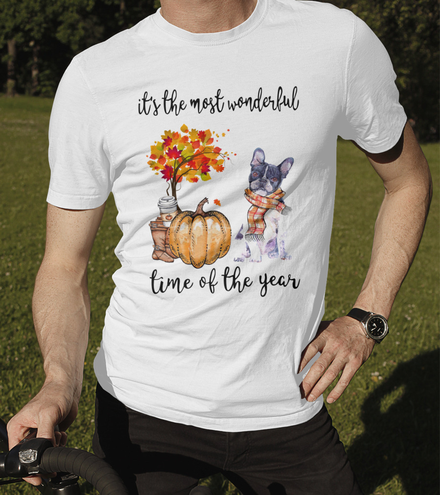 Its The Most Wonderful Time Of The Year Boston Terrier Autumn Pumpkin Leaves Coffee T-Shirt