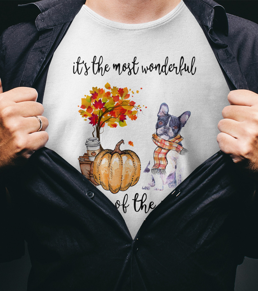 Its The Most Wonderful Time Of The Year Boston Terrier Autumn Pumpkin Leaves Coffee T-Shirt