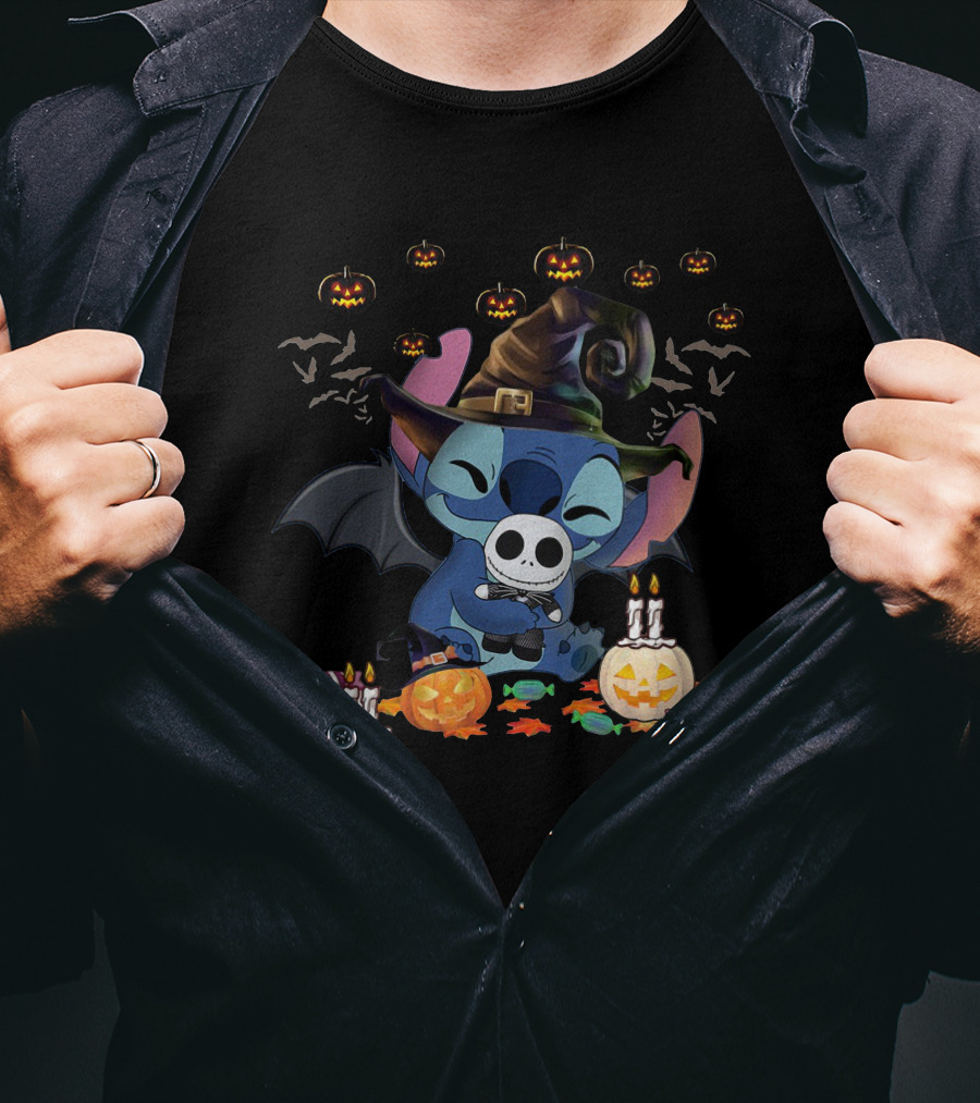 Stitch Halloween Witch Hugging Baby Jack Skellington With Pumpkins And Candy T-Shirt