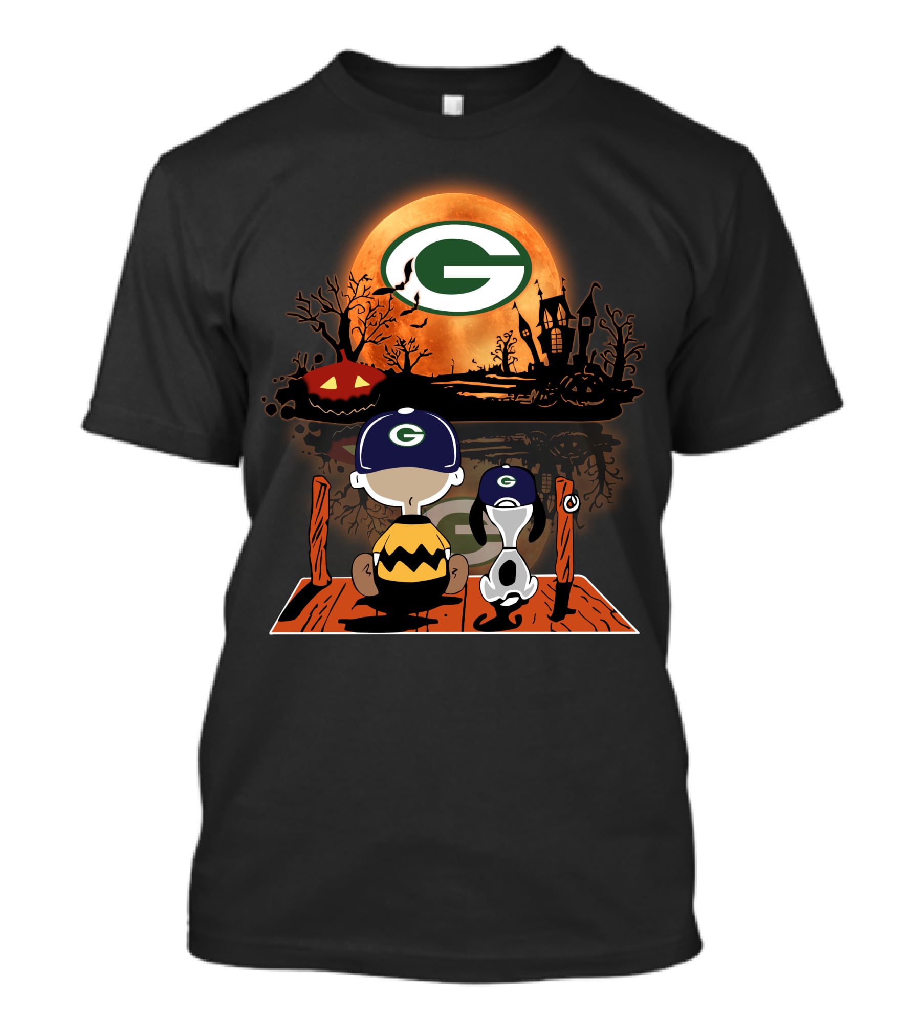 Charlie Brown And Snoopy Halloween Scene With Green Bay Packers T-Shirt