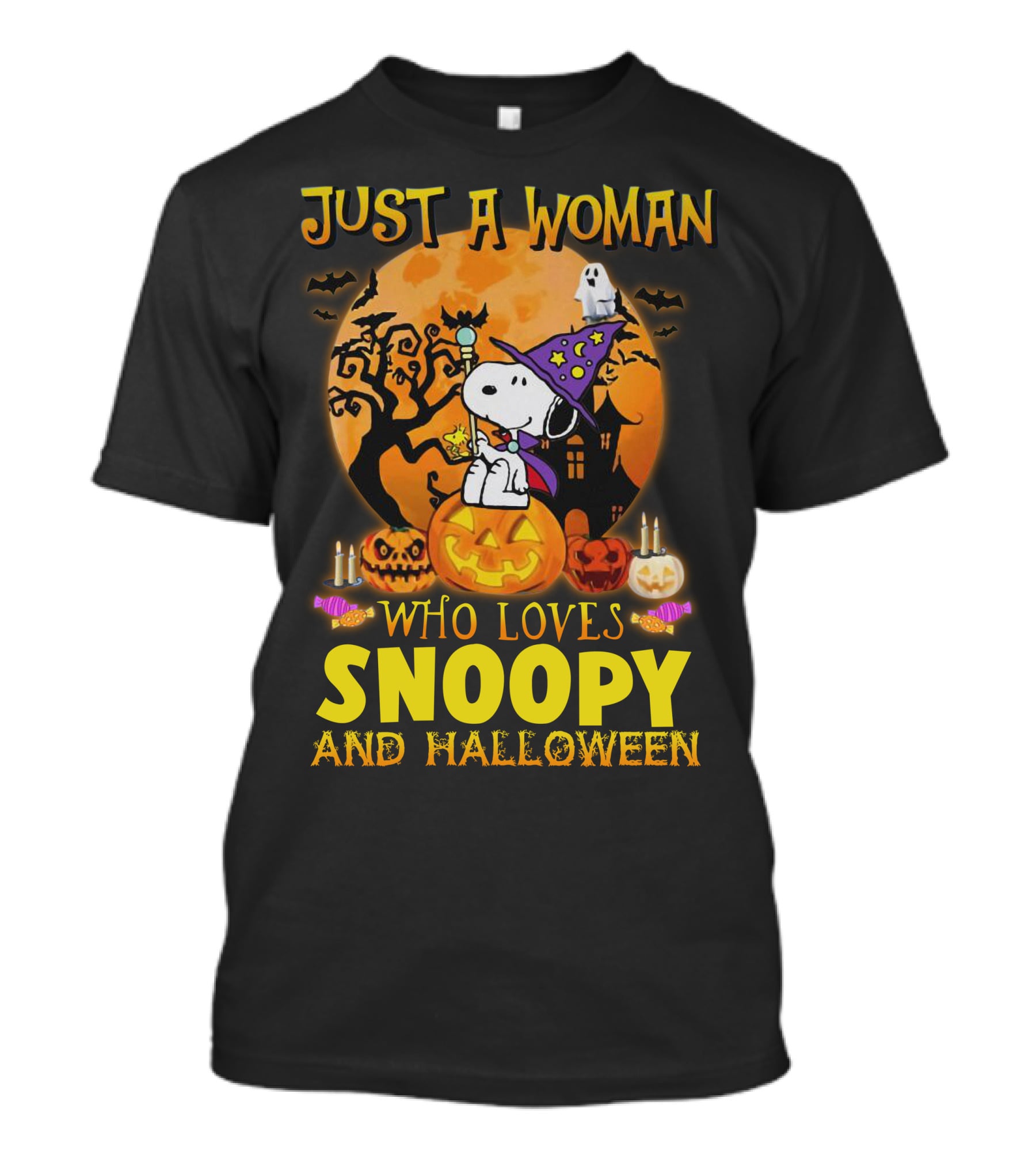 Just A Woman Who Loves Snoopy And Halloween T-Shirt