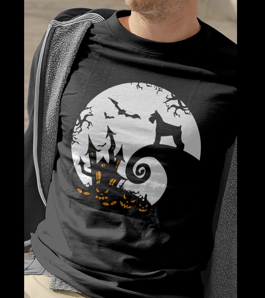 Funny Miniature Schnauzer And Moon Jack-O'-Lantern Halloween Night T-Shirt
