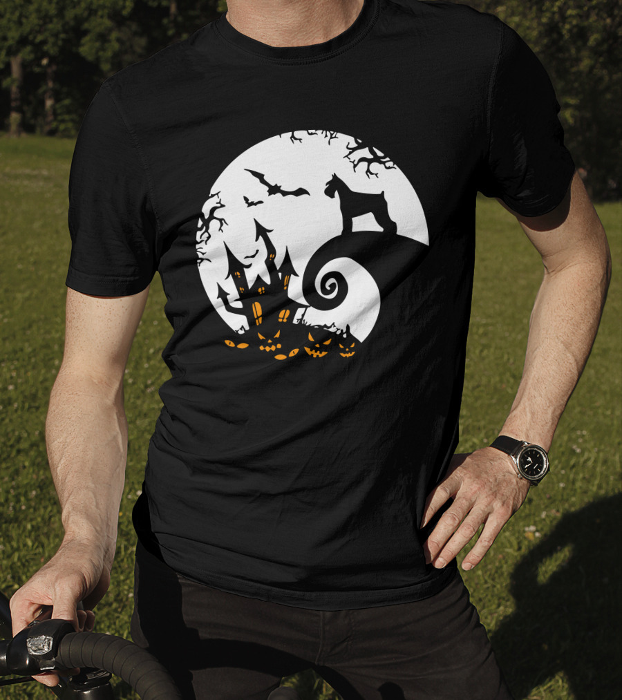 Funny Miniature Schnauzer And Moon Jack-O'-Lantern Halloween Night T-Shirt