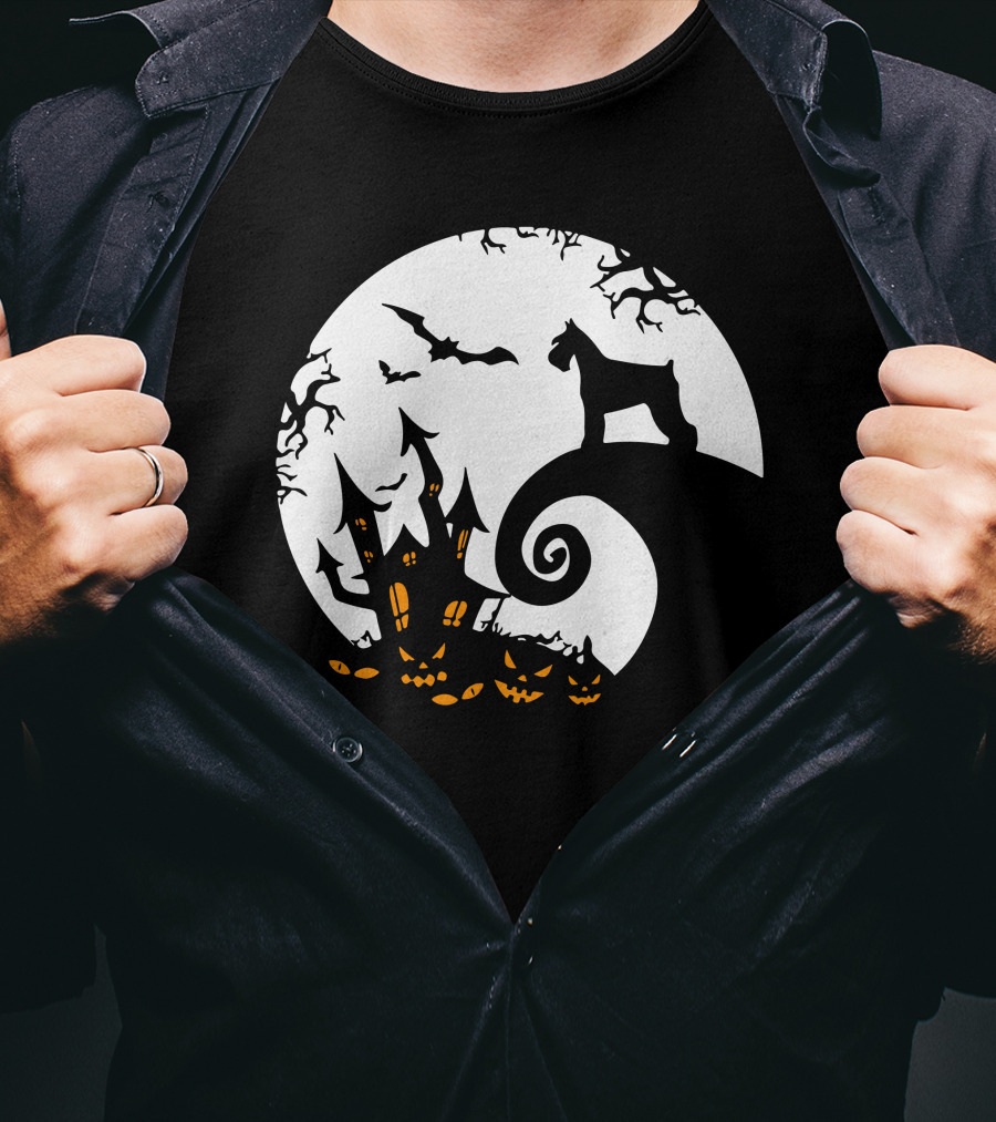 Funny Miniature Schnauzer And Moon Jack-O'-Lantern Halloween Night T-Shirt