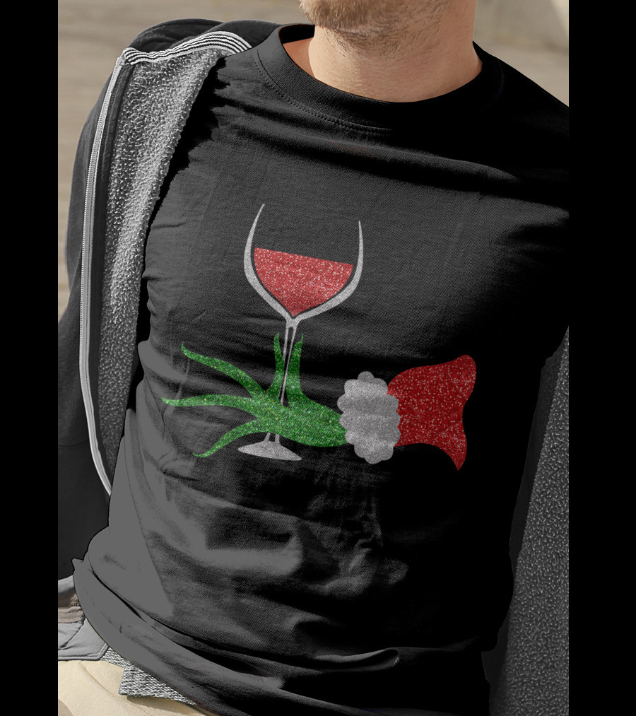 Grinch Hand Santa Hat Wine Glass Red Green Sparkle T-Shirt
