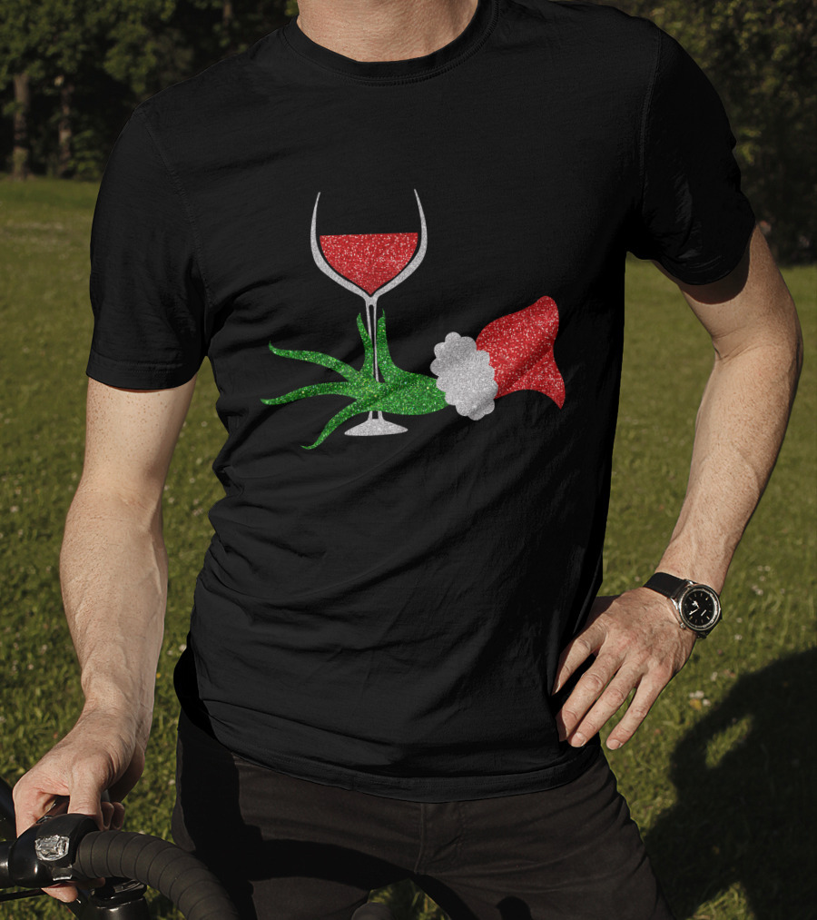 Grinch Hand Santa Hat Wine Glass Red Green Sparkle T-Shirt