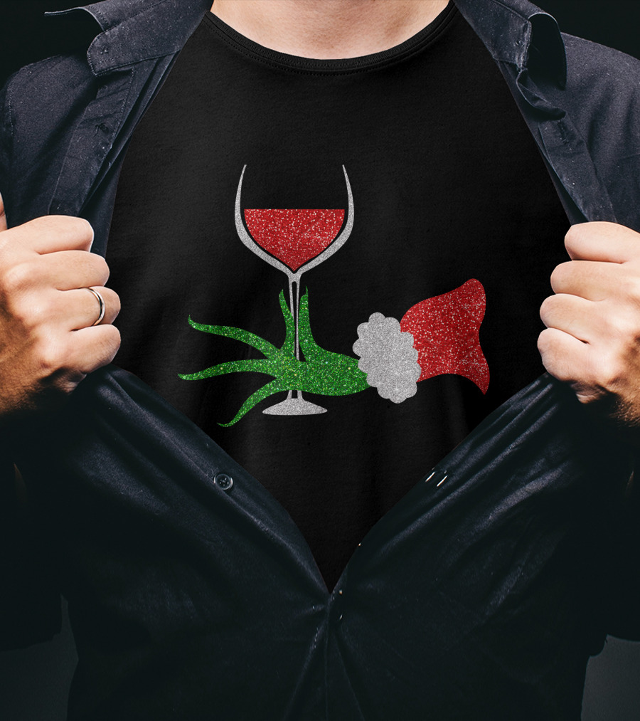 Grinch Hand Santa Hat Wine Glass Red Green Sparkle T-Shirt