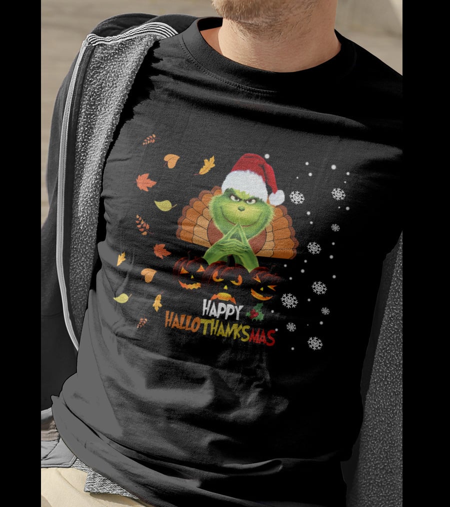 Grinch Happy Hallothanksmas Turkey Santa Hat Pumpkins Leaves Snowflakes T-Shirt