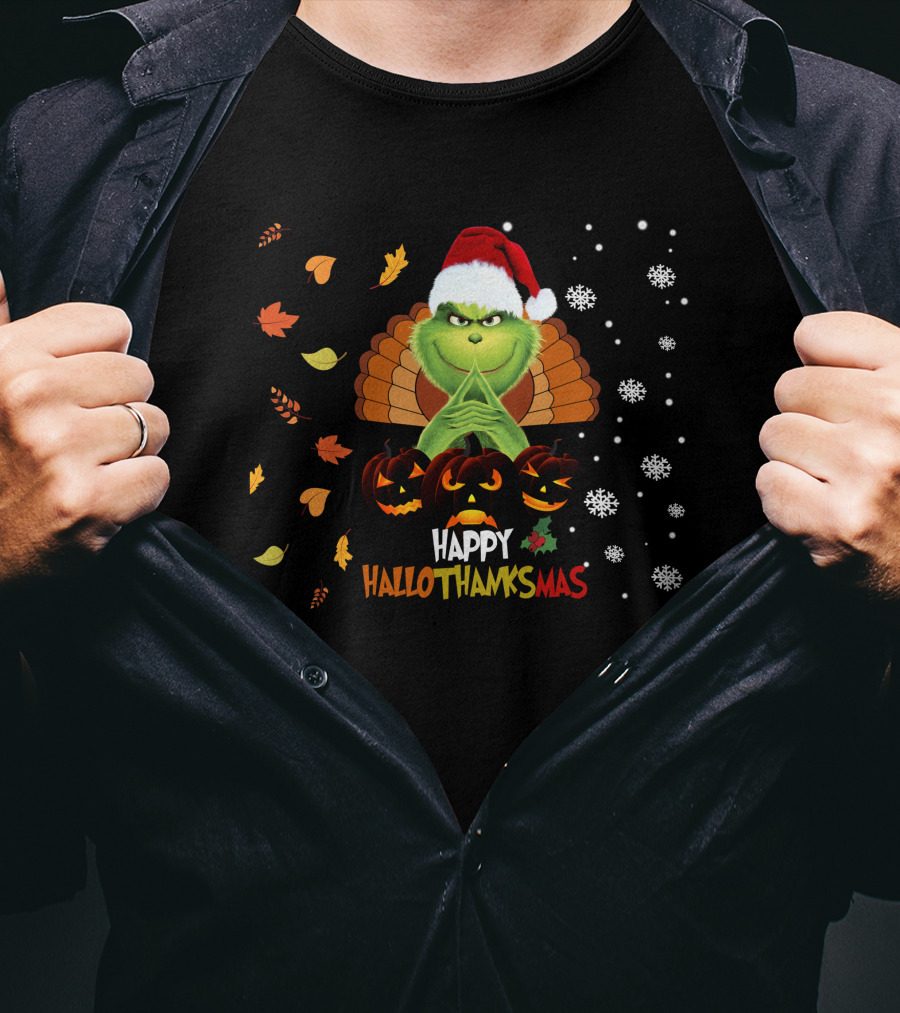 Grinch Happy Hallothanksmas Turkey Santa Hat Pumpkins Leaves Snowflakes T-Shirt