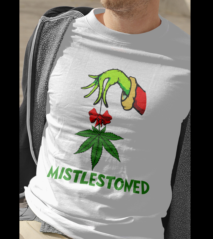Grinch Hand Holding Mistletoe Leaf With Mistlestoned Text T-Shirt