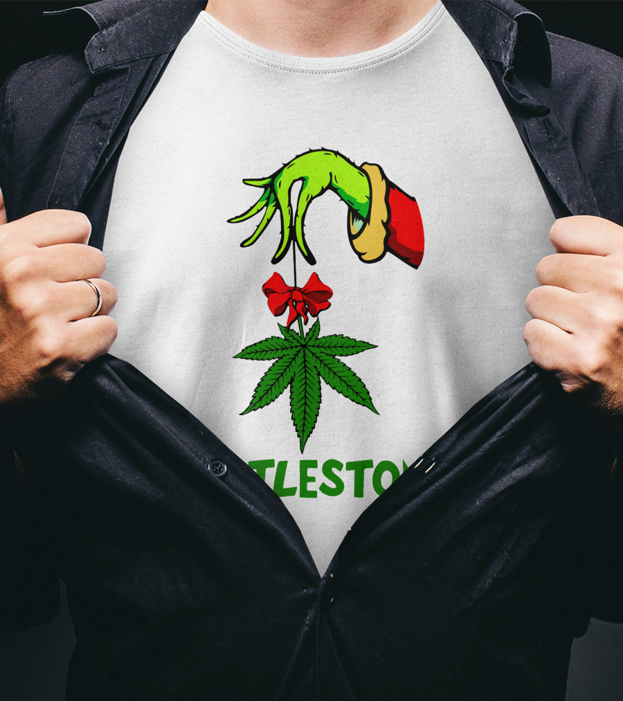 Grinch Hand Holding Mistletoe Leaf With Mistlestoned Text T-Shirt