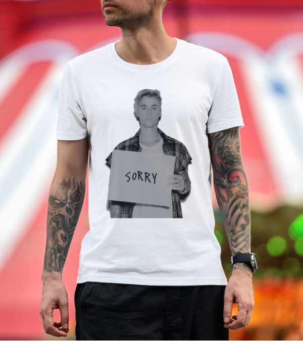 Premium T-Shirt: Sorry Justin Bieber Black and White Image T-Shirt Sorry Justin Bieber Black and White Image T-Shirt