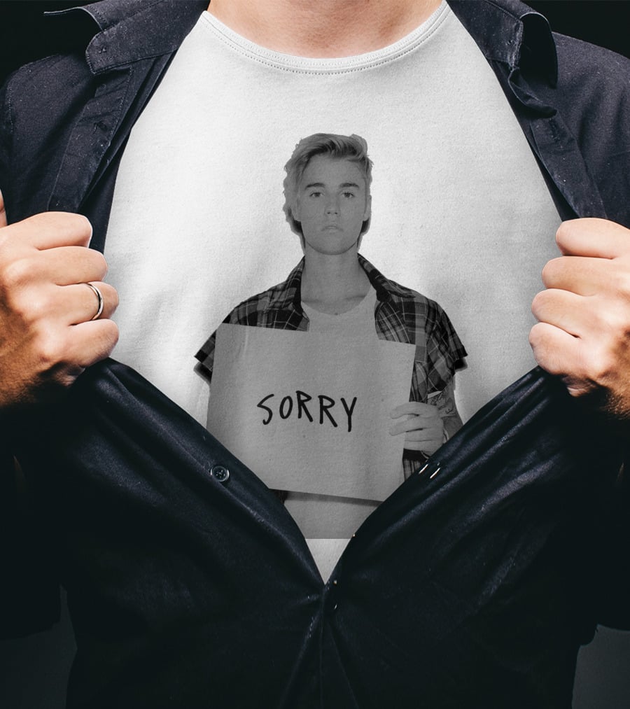 Sorry Justin Bieber Black And White Image T-Shirt