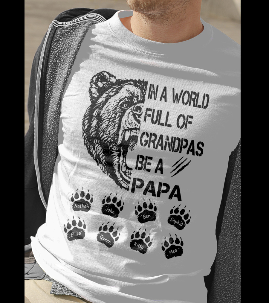 Bear In A World Full Of Grandpas Be A Papa Nathan John Ben Sophia Ellie Queen Kitty Neo T-Shirt