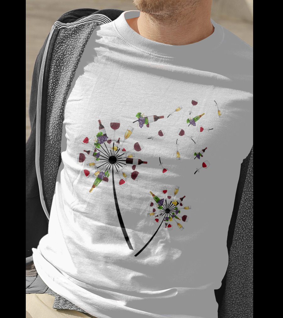 Printady Clothing Store Wine Glasses And Bottles Dandelion T-Shirt