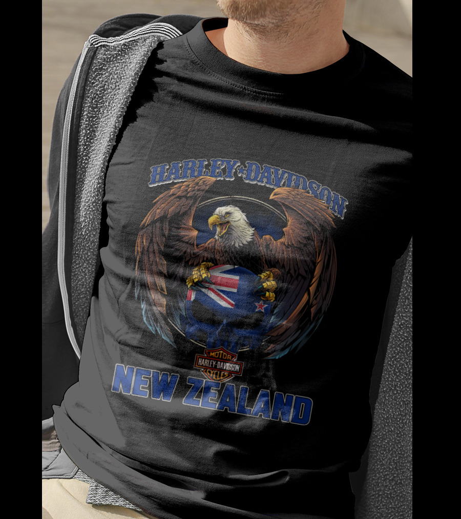 Harley Davidson New Zealand Motor Cycles Eagle Skull Flag T-Shirt