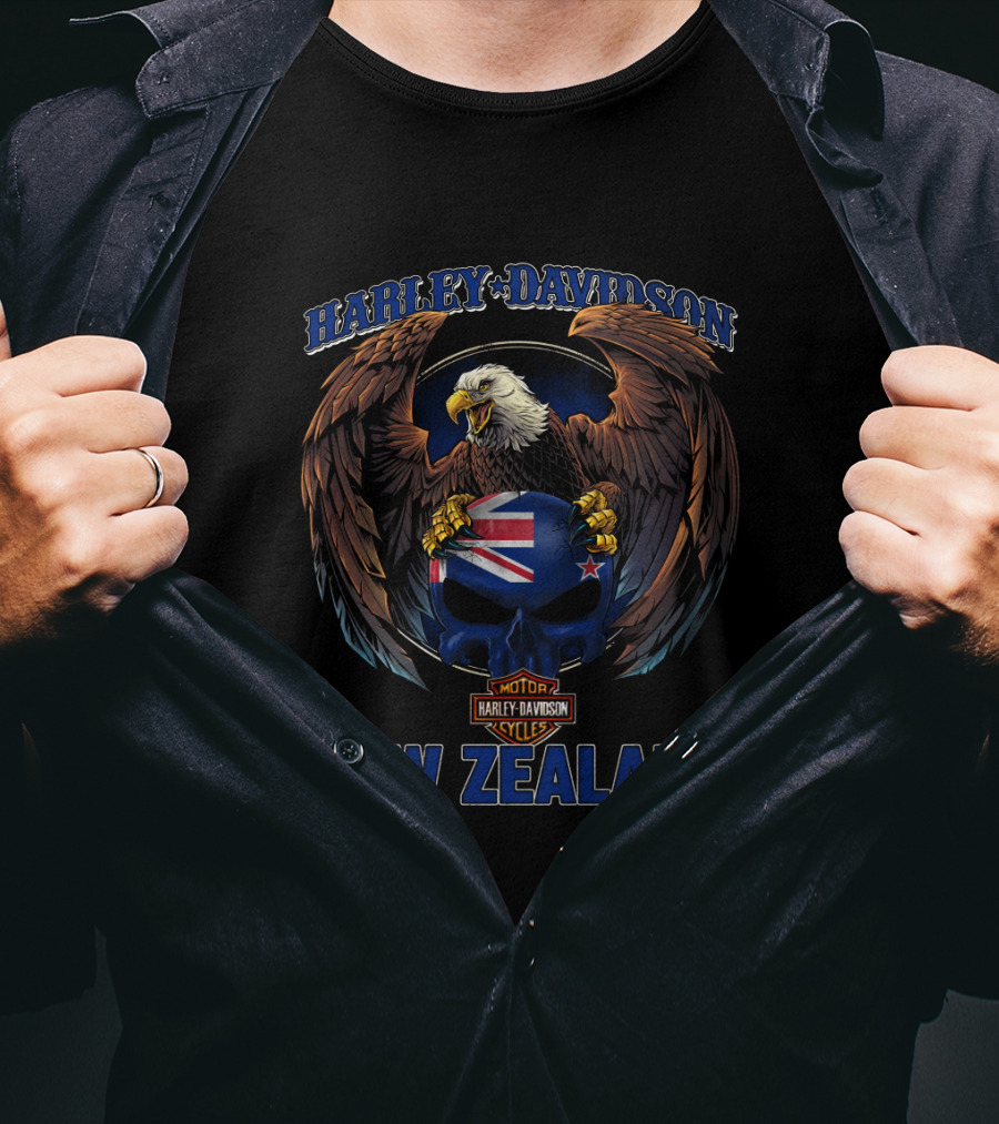 Harley Davidson New Zealand Motor Cycles Eagle Skull Flag T-Shirt
