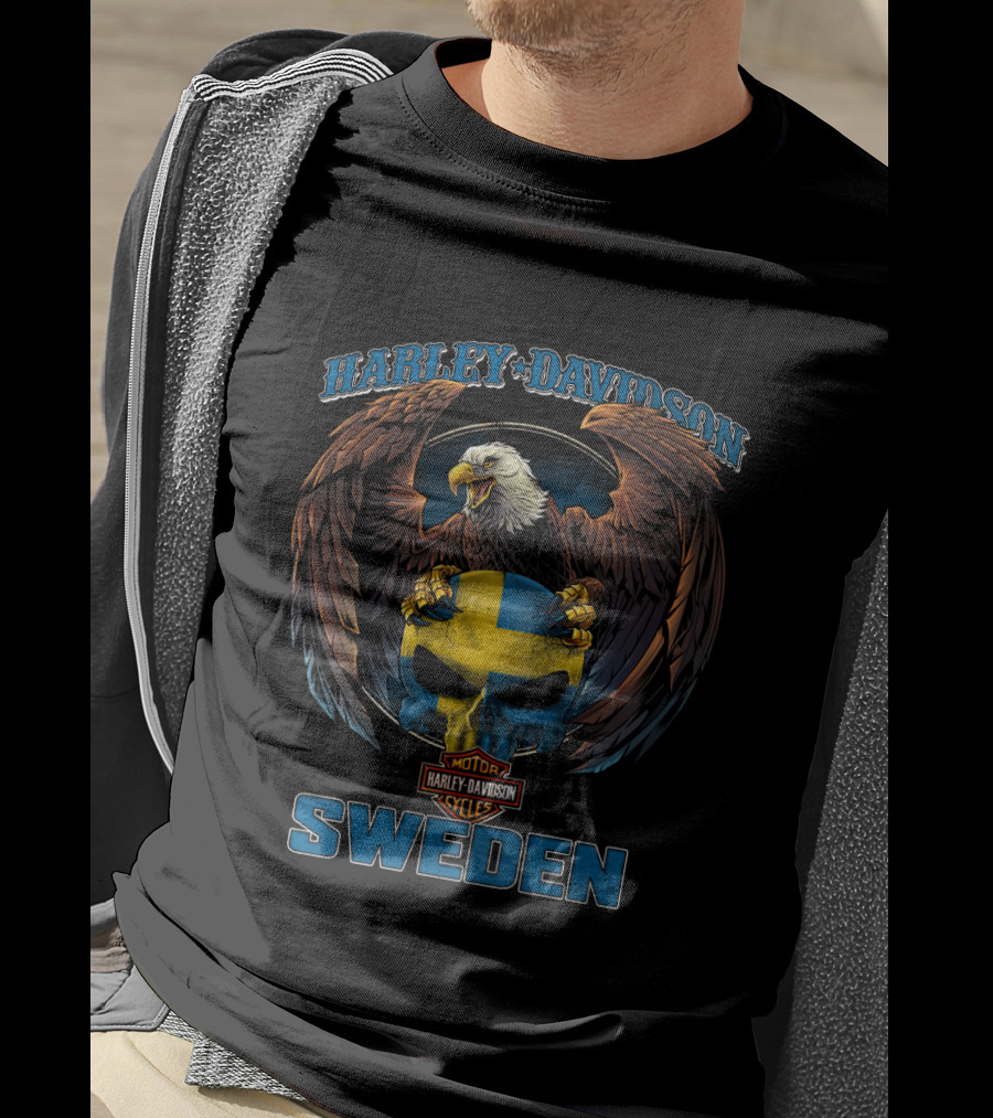 Harley Davidson Sweden Eagle Flag Skull T-Shirt