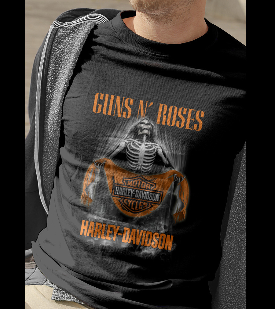 Guns N' Roses Harley Davidson Skeleton Holding Banner T-Shirt
